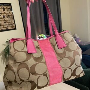 Coach Canvas Shoulder Bag - Pink and Tan